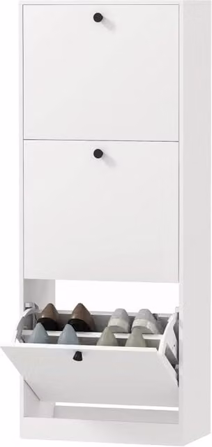 Scarpiera moderna per ingresso con 3 ante ribaltabili e ripiani interni, colore bianco, L: 47 cm, P: 26 cm, H: 120 cm