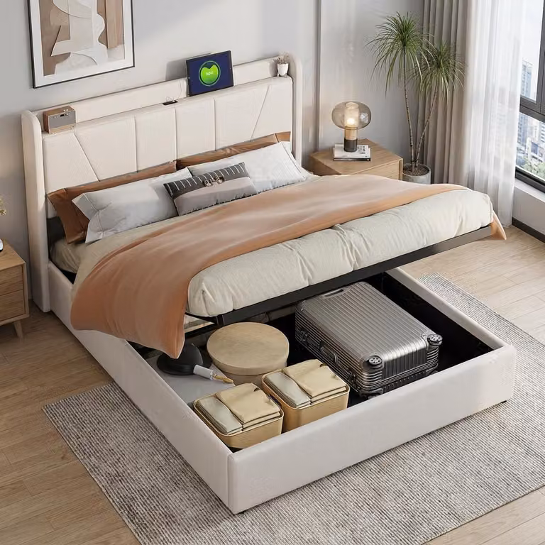 Letto imbottito INONEFT, modello boxspring, 160x200 cm, con porta USB e connettore di tipo C, struttura per letto matrimoniale con spazio contenitore e rete a doghe. Senza materasso, lenzuola e coperta. Colore: beige
