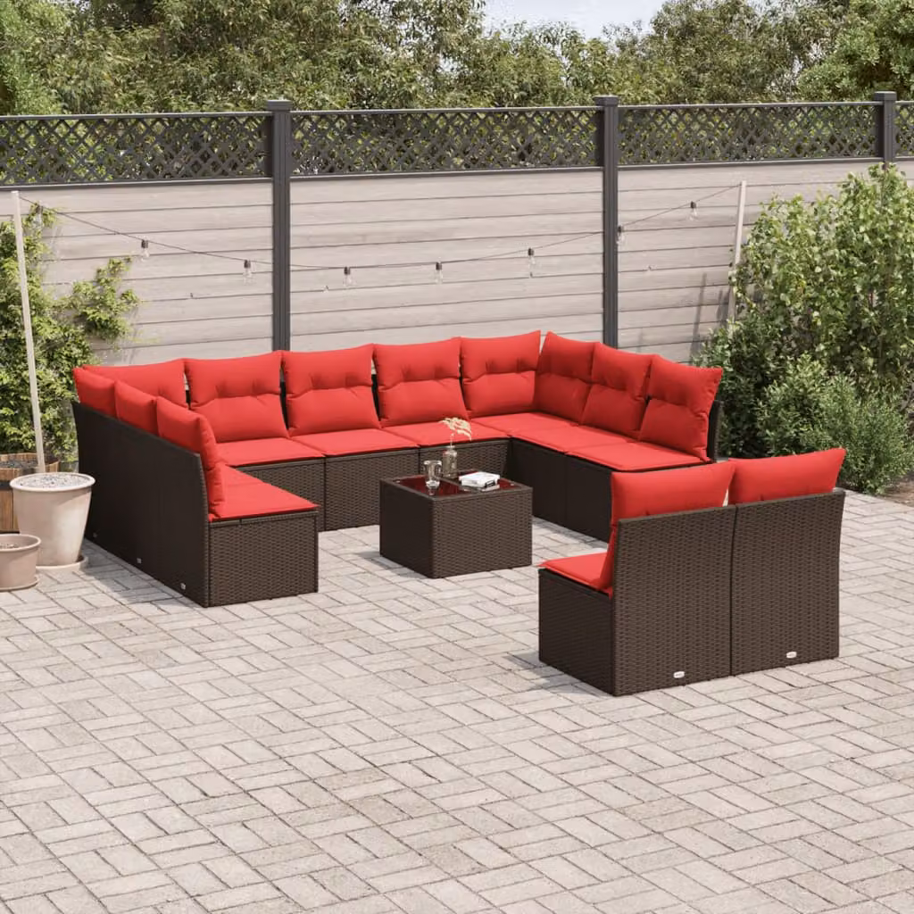 Set di divani da giardino vidaXL 12 pezzi in polyrattan marrone con cuscini e tavolino da esterno a forma di U