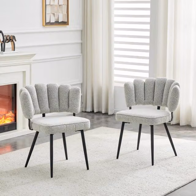 Set di 2 sedie da pranzo OKWISH in velluto grigio con schienale a petalo e gambe in metallo nero