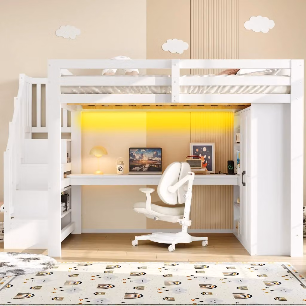 Letto a soppalco matrimoniale bianco con scrivania, armadio, scala contenitore, illuminazione LED e porta USB, L/P: 140 x 200 cm – 2