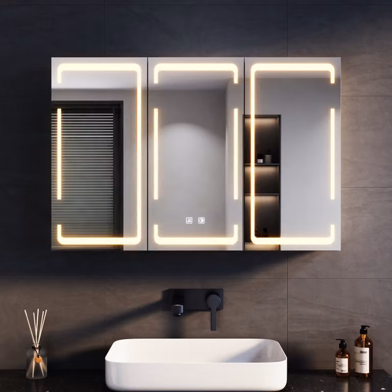 Armadio a specchio in metallo SONNI con illuminazione a LED a 3 colori 90x60x14 cm, interruttore dual-touch dimmerabile, 3 ante, pensile con cerniera wireless