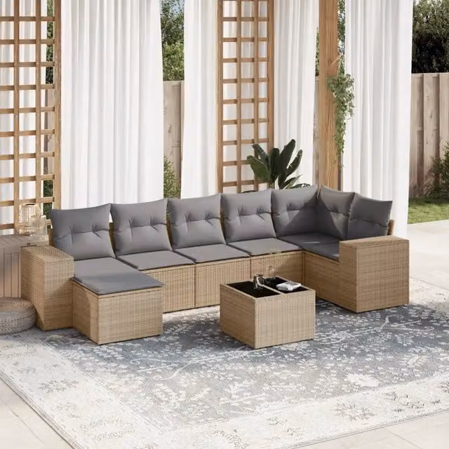 vidaXL Set Divano da Giardino a L 8 pz in Polyrattan con Cuscini Beige e Tavolino