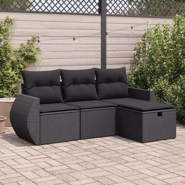 Set di divani da giardino vidaXL a forma di L con cuscini nero in rattan e struttura in metallo