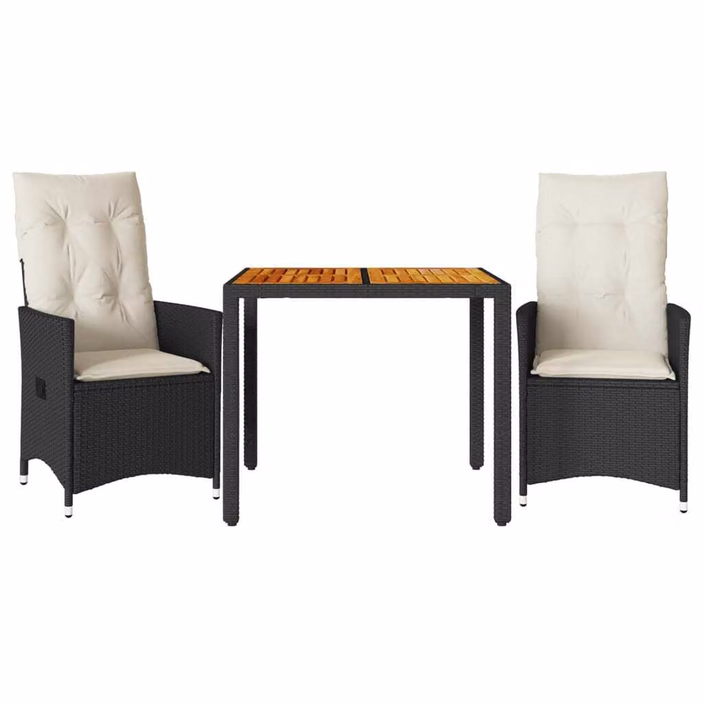 Set da Bistrò 3 pz con Cuscini Nero Polyrattan e Legno Acacia
