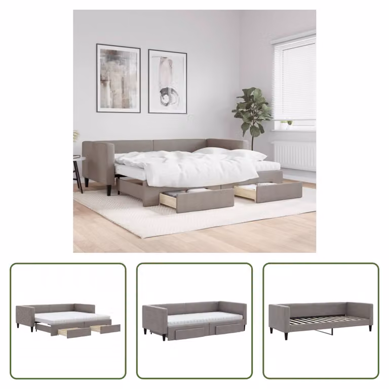 The Living Store Letto allungabile con cassetti Taupe 90x200 cm tessuto