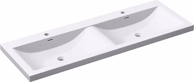doporro Lavabo da Incasso 144 cm Doppia Vasca in Marmoresina Bianco Lucido, Lavabo Bagno Integrale Soprapiano con 2 Fori Rubinetto e Troppopieno Colossum03