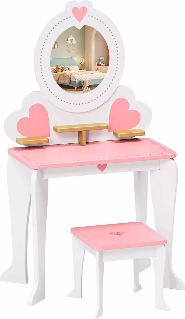 Tavolo da trucco per bambini - Toeletta con sgabello - Specchio rimovibile - Tavolo da trucco e scrivania 2 in 1 - Legno - Piano del tavolo rosa - 50×33×91 cm