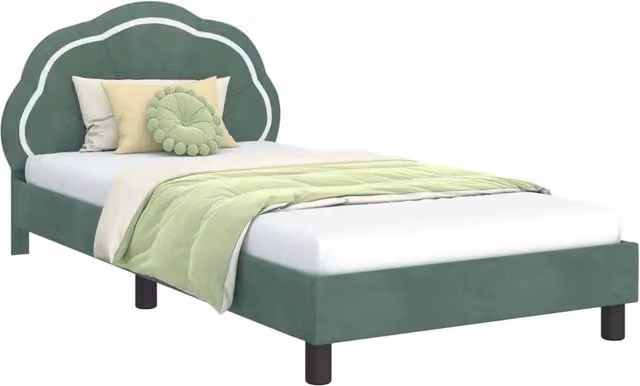 Letto per bambini con struttura imbottita in velluto verde, design minimalista, L/P/H: 190 x 90 x 104,5 cm – 1