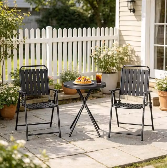 Set mobili da giardino 3 pezzi con tavolo pieghevole in vetro temperato e 2 sedie pieghevoli nere