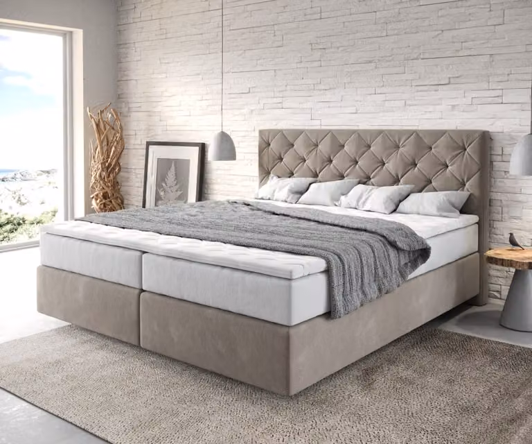 Letto boxspring DELIFE Dream-Great 180x200 cm in microfibra beige con materasso TFK e topper in viscoelastico