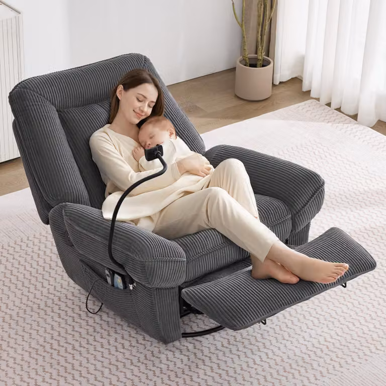 Poltrona massaggiante Merax, poltrona reclinabile elettrica con funzione massaggio, funzione calore, poltrona TV girevole a 360°, USB, portacellulare, Corduroy, grigio