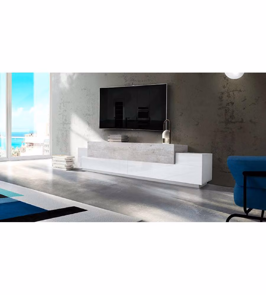 Porta Tv Corona Moderno 240 Bianco Lucido E Cemento
