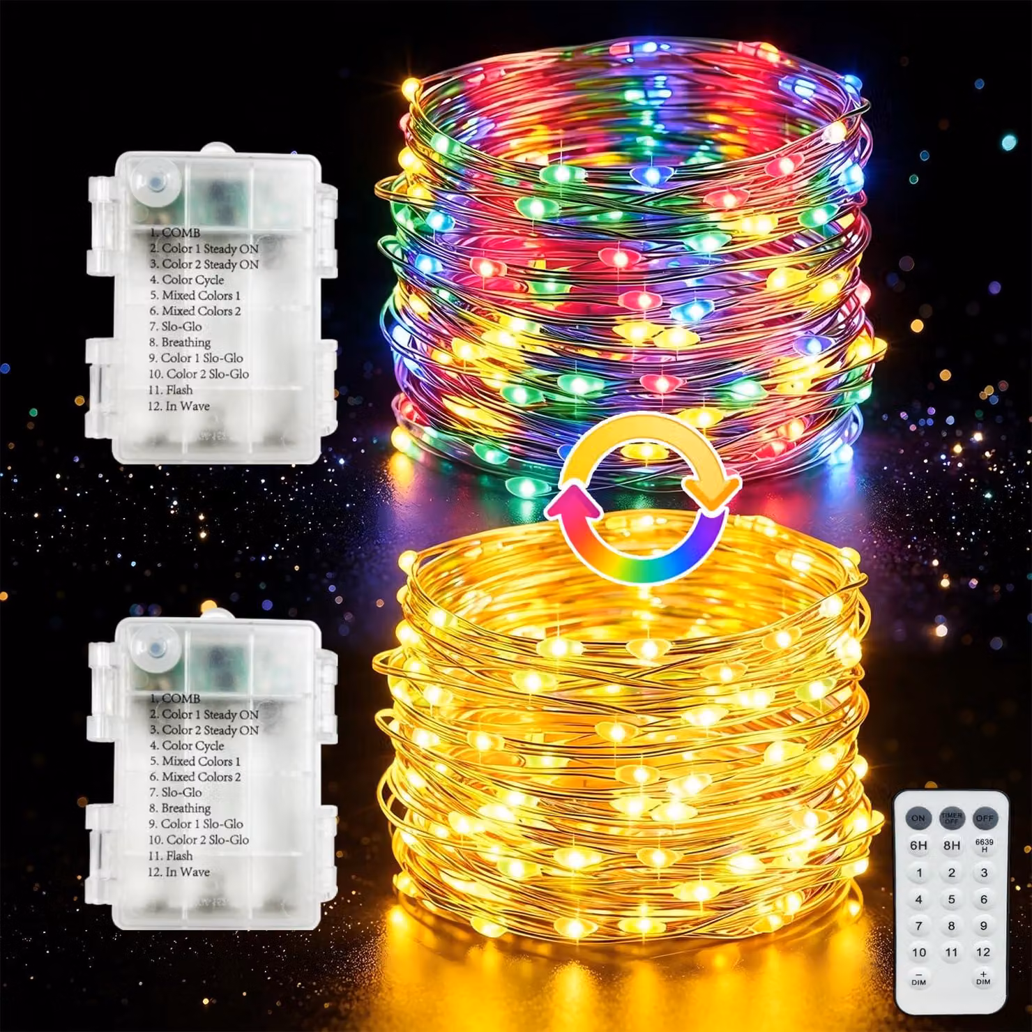 Catena luminosa a LED, set da 2, lunghezza 5 metri, 50 LED, alimentazione a batteria, 12 modalità, timer
