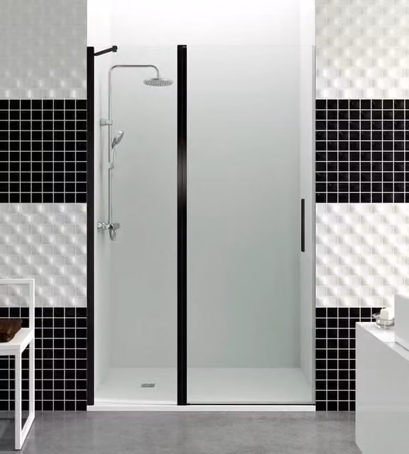 Box doccia frontale OPEN fisso 25 + porta battente 50 75 cm (72,5-75) nero opaco vetro trasparente