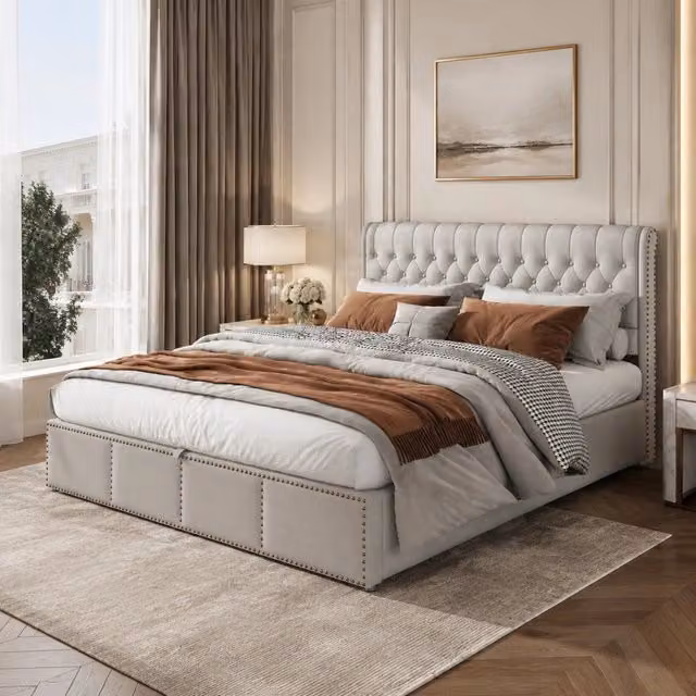 Letto matrimoniale 160x200 cm con contenitore in cotone e lino; grigio