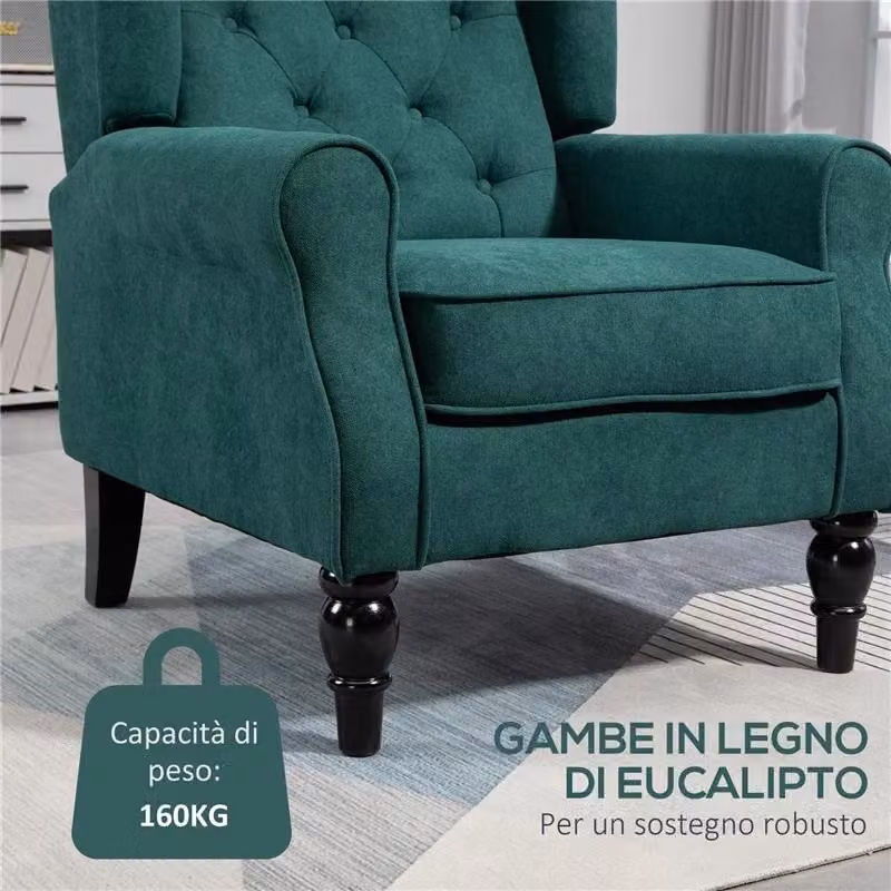 Poltrona classica Maury's Online in stile francese con struttura in legno di eucalipto e seduta imbottita in schiuma, colore verde, L: 74 cm, P: 86 cm, H: 102 cm – 2