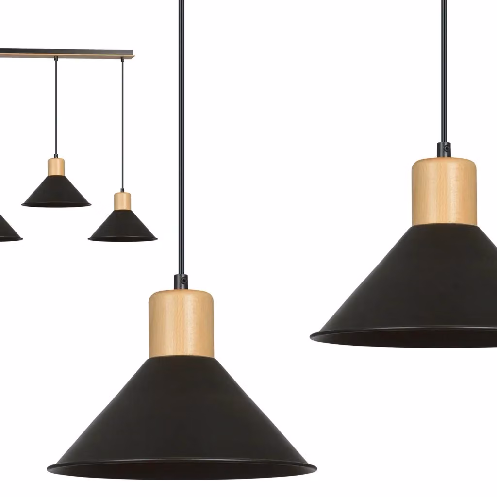 Lampada a sospensione scandinava Soma Luceart-Classic con 3 luci in metallo nero e legno – 2