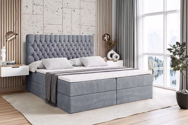 Letto boxspring ALTDECOR con materasso (altezza 20 cm) e topper (altezza 4 cm), letto imbottito con testiera e contenitore - SERENE - 200x200 - H4/Velluto grigio