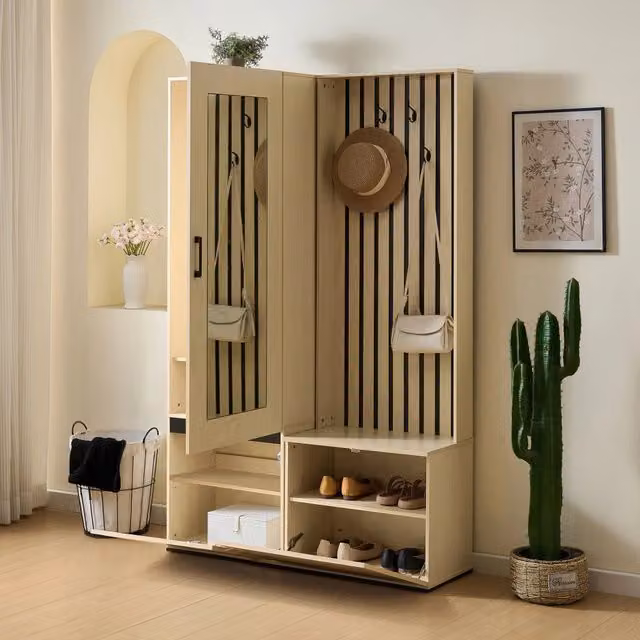 Set ingresso WISHDOR con armadio portabiti, specchio e panca contenitore in MDF effetto legno opaco disponibile in marrone, nero o beige