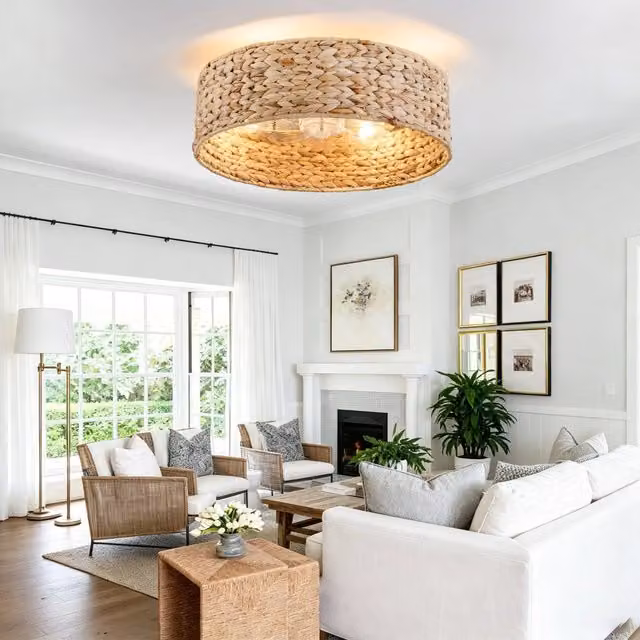 Ventilatore da soffitto con luce LED e paralume in rattan e plastica, colore rame e beige, con telecomando, timer e tecnologia Bluetooth, stile boho