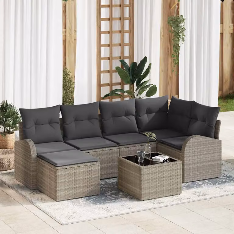 Set Divano da Giardino vidaXL in Polyrattan Grigio con Cuscini e Coperture Rimovibili