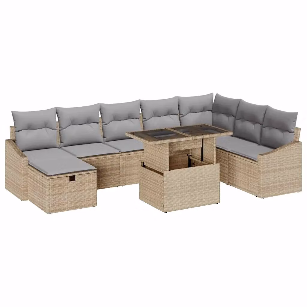 Set Divano da Giardino vidaXL 9 Pezzi in Polyrattan Beige con Cuscini e Tavolino da Esterno – 2