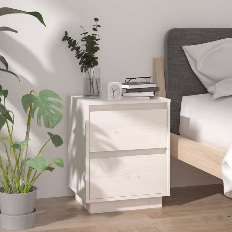 Comodino vidaXL Bianco in Legno Massello di Pino L: 40 cm, P: 35 cm, H: 50 cm