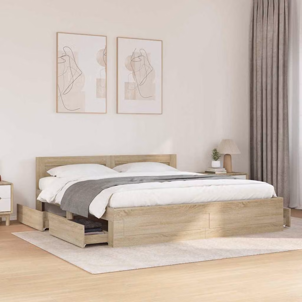 Struttura del letto Sonoma vidaXL in legno ingegnerizzato, colore marrone e beige, L: 196 cm, P: 203 cm, H: 69 cm
