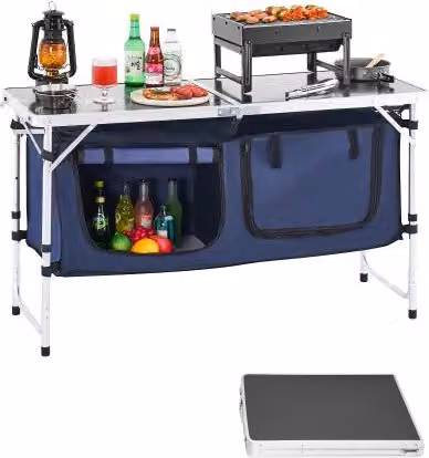 VEVOR Tavolo da Cucina da Campeggio Pieghevole in Alluminio Blu con 3 Altezze Regolabili e Organizzatore