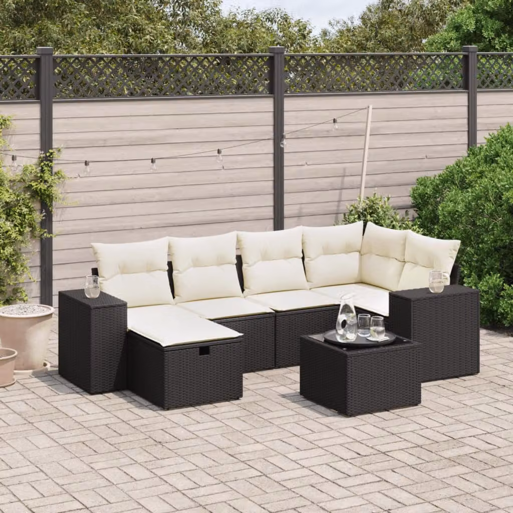 Set Divani da Giardino vidaXL a Forma di L con 7 Pezzi, Tavolino e Cuscini, Nero e Bianco – 1