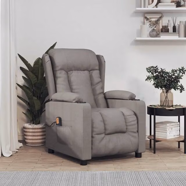 Poltrona Relax Recliner vidaXL in Tessuto Beige e Grigio con Braccioli e Struttura in Metallo e Legno