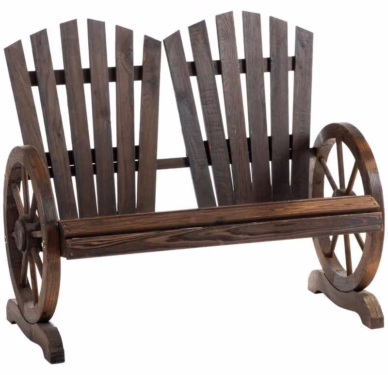 Panca da giardino in legno con braccioli a forma di ruota – Divano a due posti | Colore: Marrone scuro | Dimensioni: 66x108x95 cm