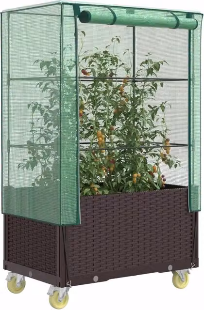 Letto rialzato per orto e fiori con copertura e ruote effetto rattan marrone e verde L: 80 cm, P: 50 cm, H: 182 cm