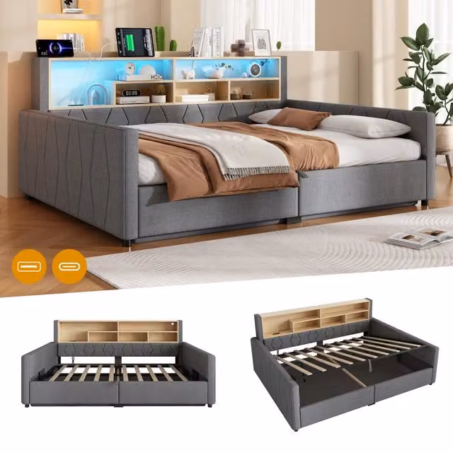Letto contenitore 140x200 in lino grigio con luce LED regolabile