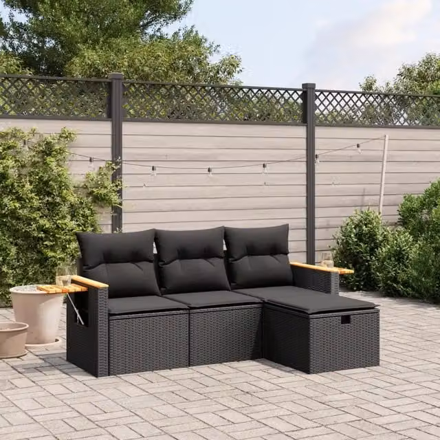 Set Divani da Giardino 4 pz con Cuscini Nero in Polyrattan 3265486