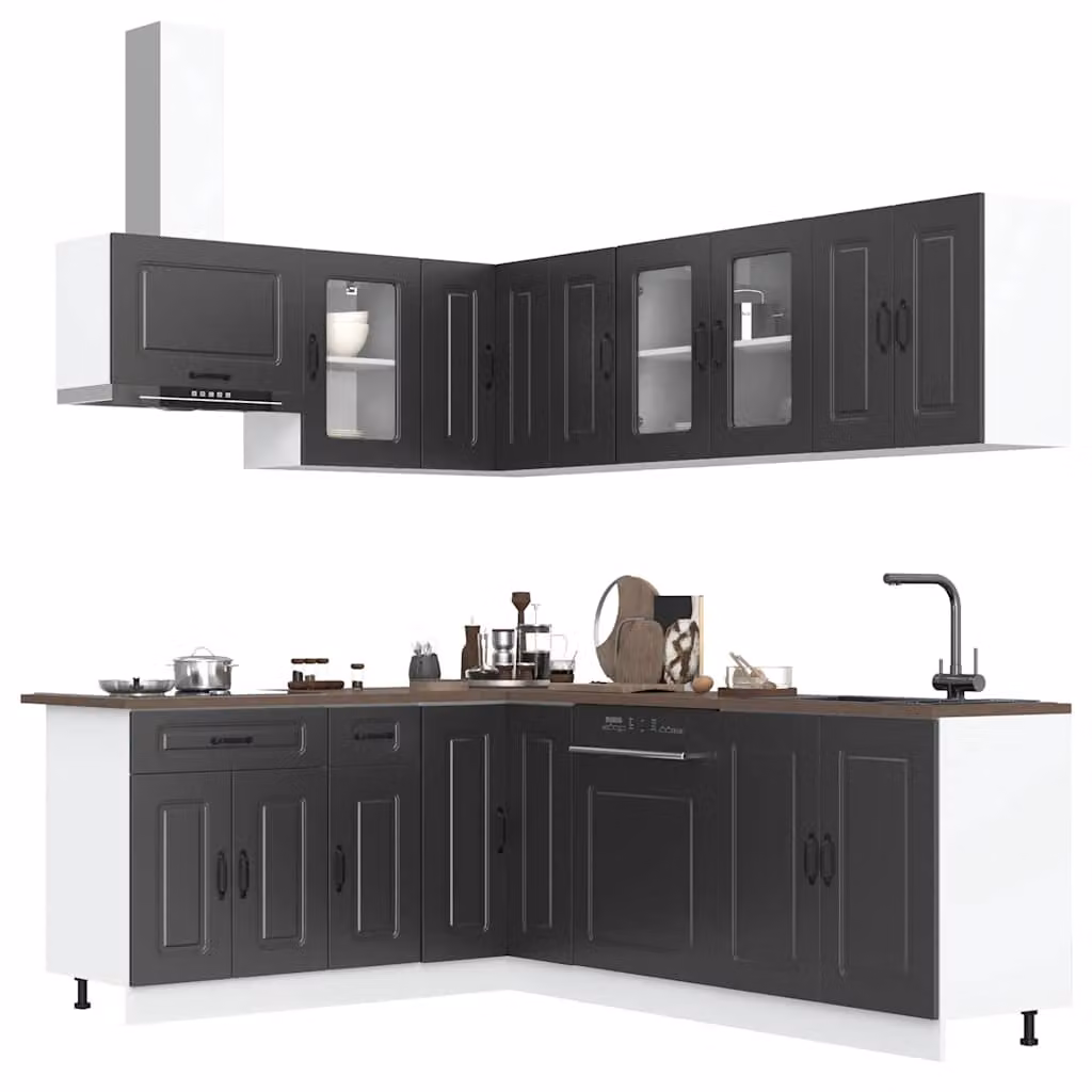 Set di mobili da cucina vidaXL Kalmar composto da 11 pezzi in legno e vetro, colore nero opaco, design moderno con ante a cerniera e scaffali interni