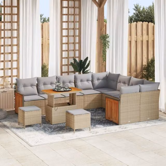 Set Divano da Giardino Moderno vidaXL a Forma a U con Cuscini e Tavolino, 12 Pezzi, Grigio e Beige
