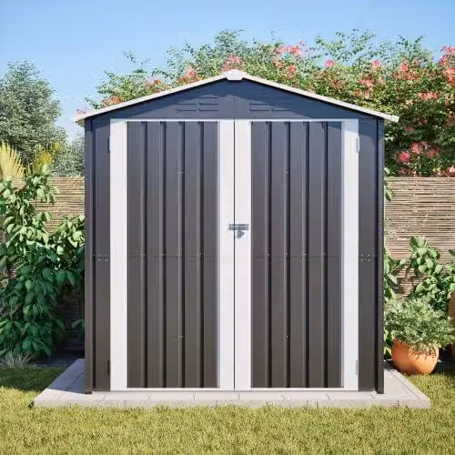 Capanno da giardino in metallo, deposito attrezzi di 142x185 cm – capanno per attrezzi da giardino con base – garage per biciclette/motociclette da esterno – con serratura, ventilazione, resistente alle intemperie, colore grigio