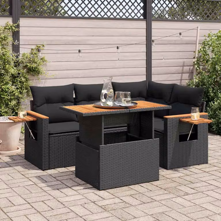 Set di divani da giardino vidaXL a forma di L composto da 5 pezzi con tavolino da caffè, in polyrattan e legno di acacia color nero