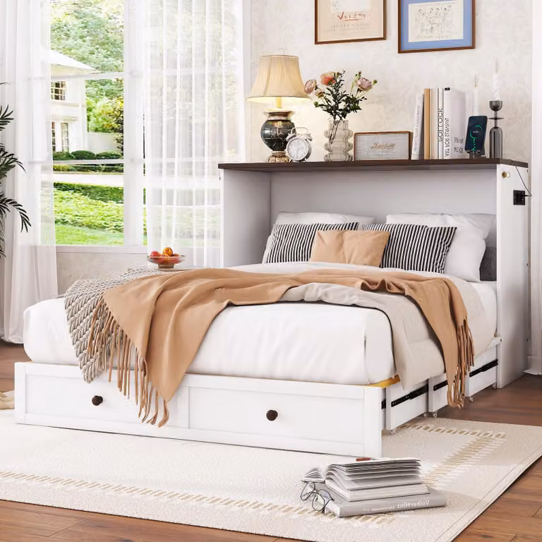 Letto mobile a scomparsa Merax 140x200 con testiera, USB e presa di corrente, letto a piattaforma trasformabile, letto a parete, letto a scomparsa a parete, salvaspazio, bianco