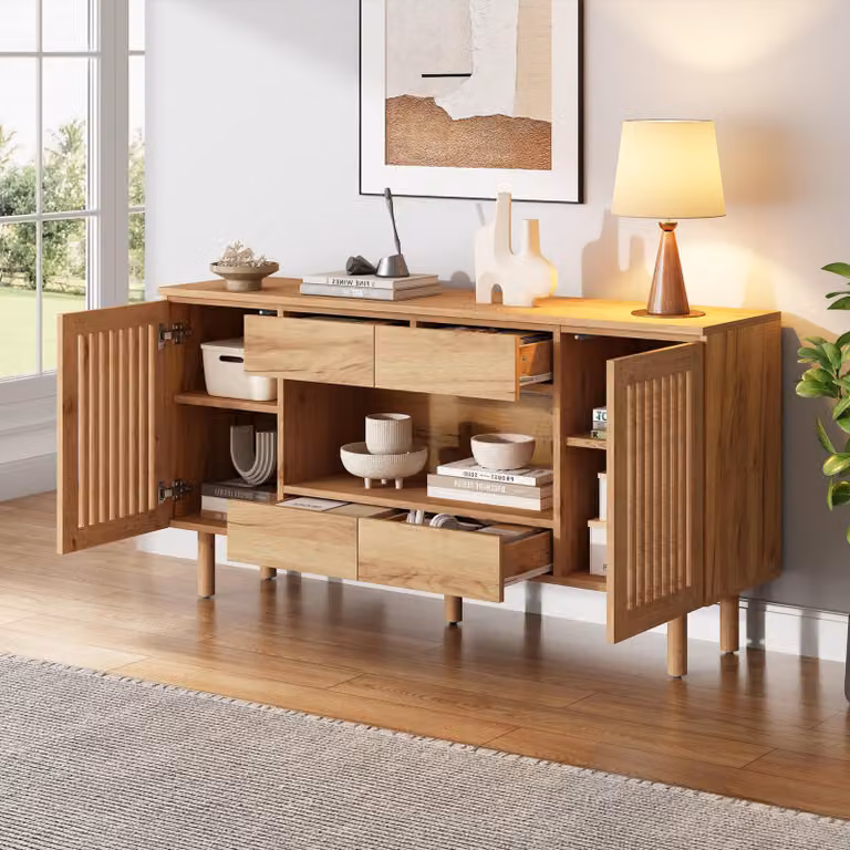 Mobile contenitore STILVORA con 4 cassetti e 2 ante a listelli, pensile con 5 gambe in legno massello, armadio contenitore in MDF, finitura in legno