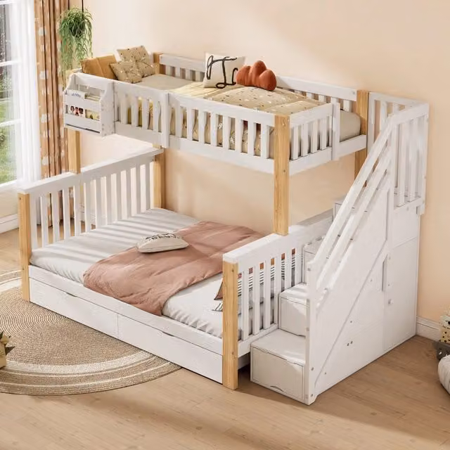 Letto a castello Mivray per bambini in legno e MDF bianco con cassetti e scala