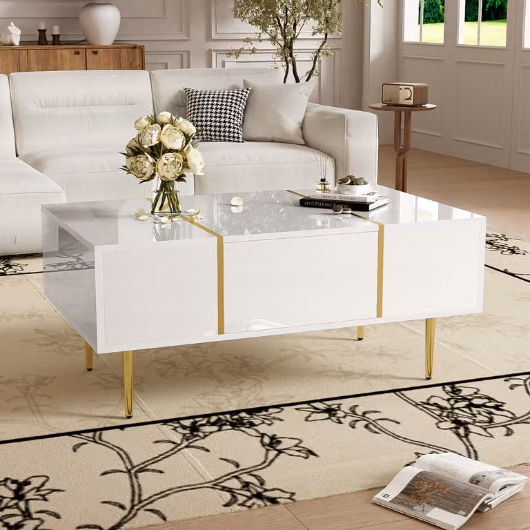 Merax Tavolino moderno in bianco lucido, 2 cassetti, con accenti dorati ed elementi metallici dorati, tavolino da 100 x 60 x 41,5 cm