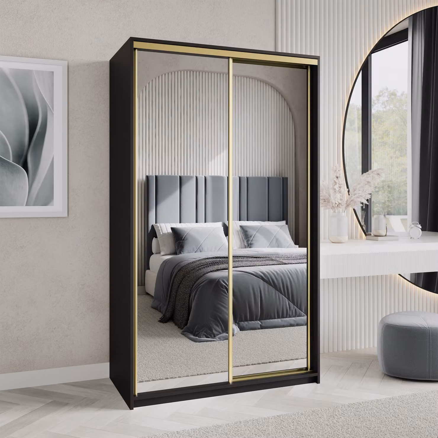 Armadio scorrevole Masseno RIEN 120/205/60 cm Armadio con cassetti Armadio per camera da letto a 2 ante con specchio Nero + Oro