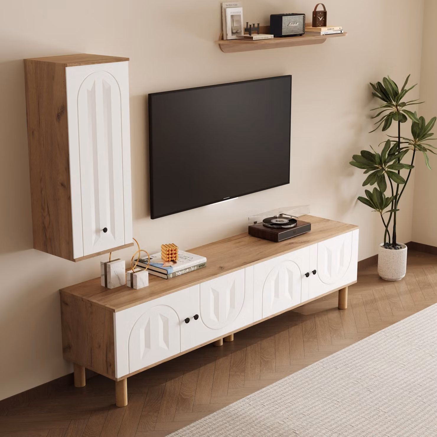 Parete attrezzata moderna GL Store composta da mobile alto, mobile basso e pannello a parete in finitura legno bianco, beige e multicolore – 2