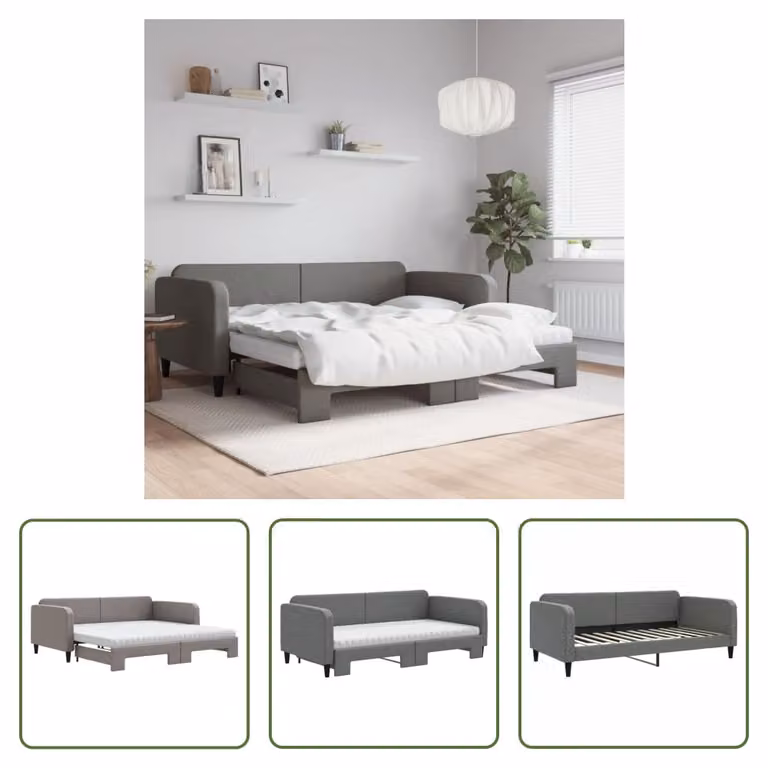 The Living Store Letto da giorno allungabile con materassi grigio scuro 100x200 cm in tessuto