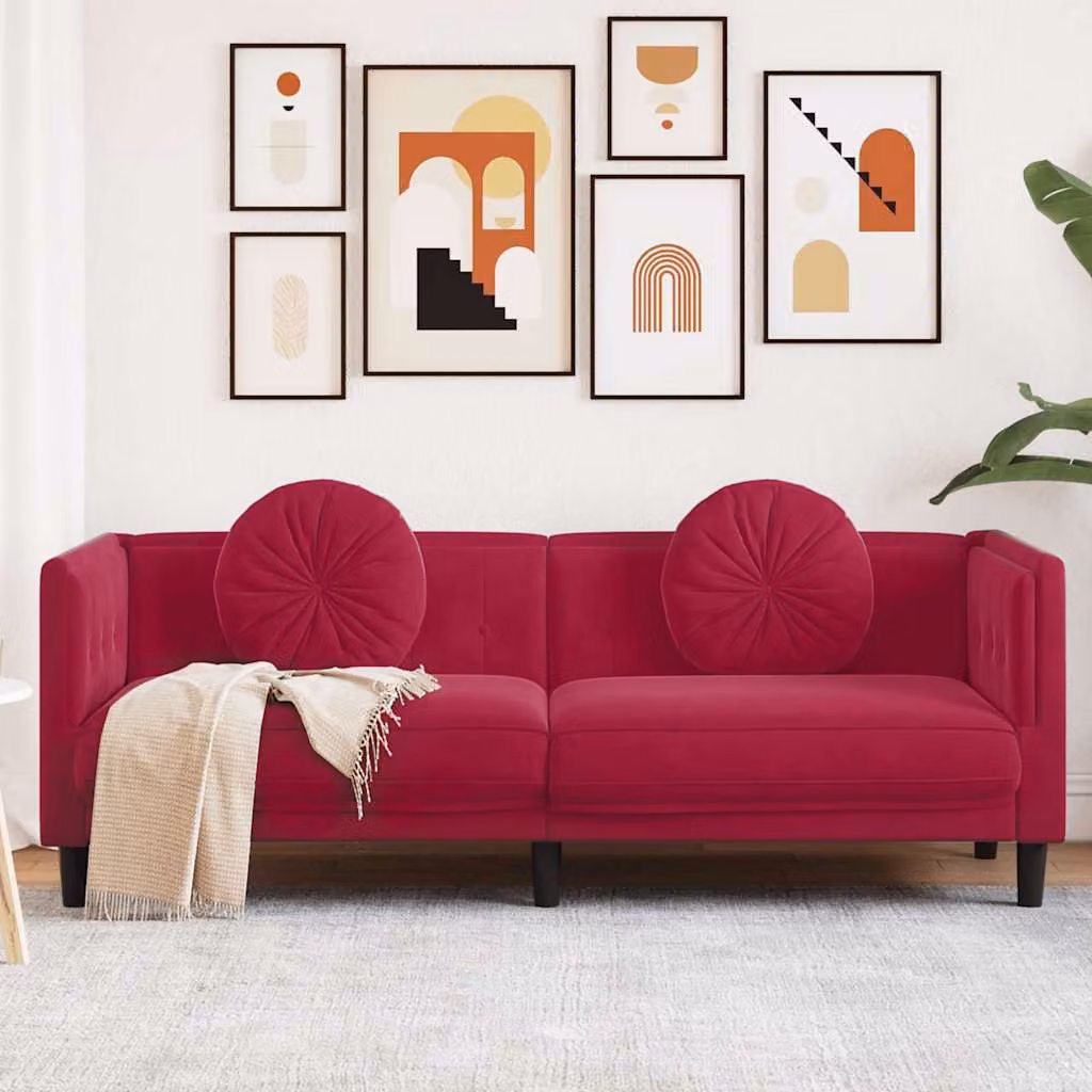 vidaXL Divano Moderno a 3 Posti in Velluto Rosso con Cuscini e Struttura in Legno L: 193.5 cm, P: 77 cm, H: 70 cm