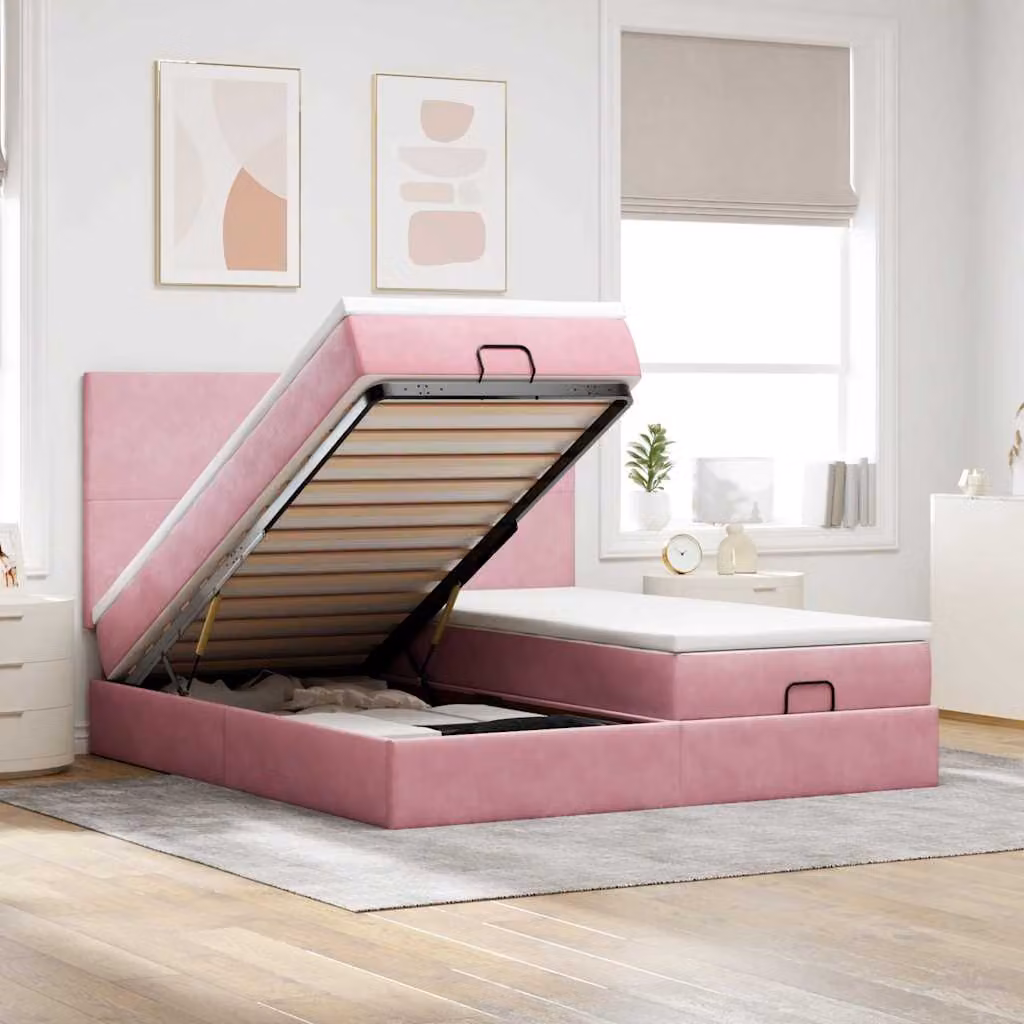 Letto con contenitore a sollevamento vidaXL in velluto rosa e bianco, L: 160 cm, P: 200 cm, H: 128 cm
