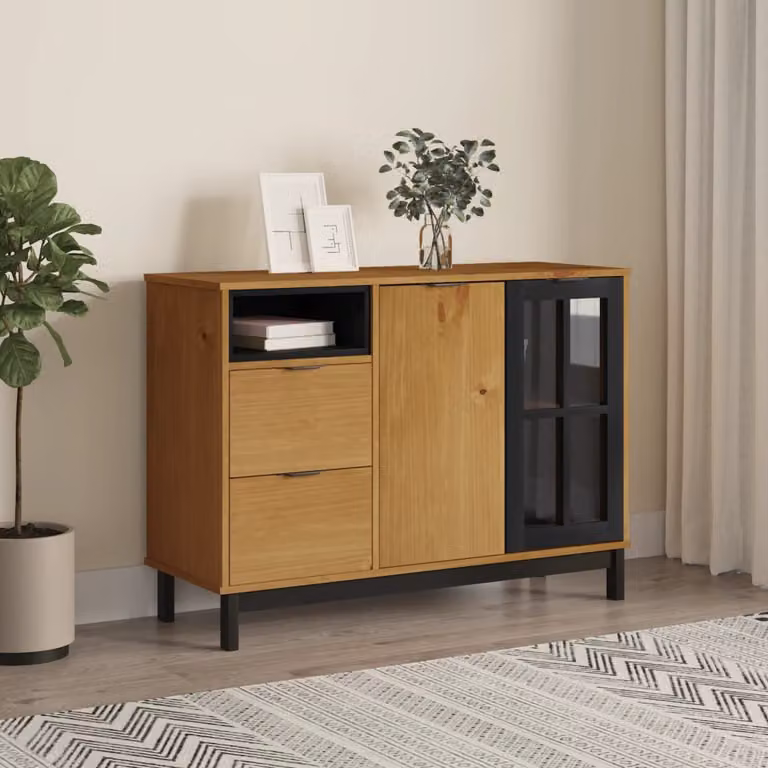 Credenza FLAM vidaXL in legno di pino massello marrone con ante in vetro L 110 cm, P 40 cm, H 80 cm